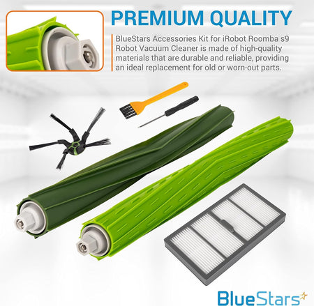 Replacement parts kit for iRobot Roomba s9 including rubber brushes, side brush, filter, and cleaning tools.