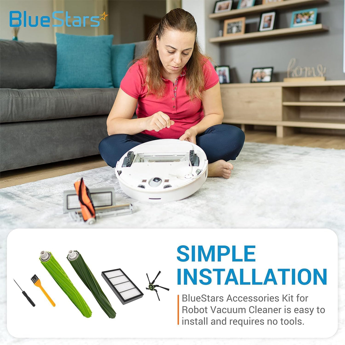 Woman installing replacement parts into an iRobot Roomba s9 series robot vacuum cleaner.