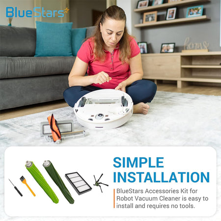 Woman installing replacement parts into an iRobot Roomba s9 series robot vacuum cleaner.