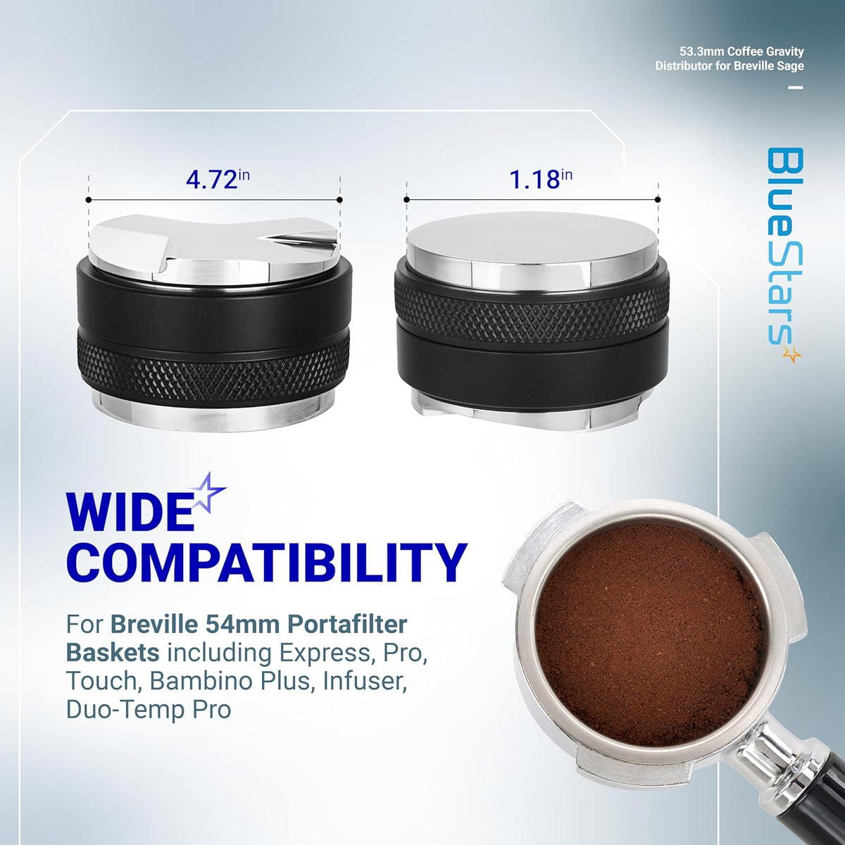 Infographic showing dimensions and compatibility of 53.3mm dual head coffee distributor and tamper for Breville portafilters.