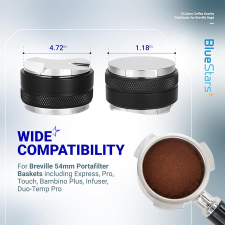 Infographic showing dimensions and compatibility of 53.3mm dual head coffee distributor and tamper for Breville portafilters.