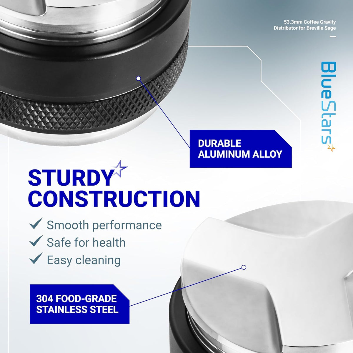 Close-up infographic of 53.3mm coffee distributor showing aluminum alloy handle and 304 stainless steel base.