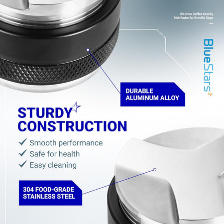Close-up infographic of 53.3mm coffee distributor showing aluminum alloy handle and 304 stainless steel base.