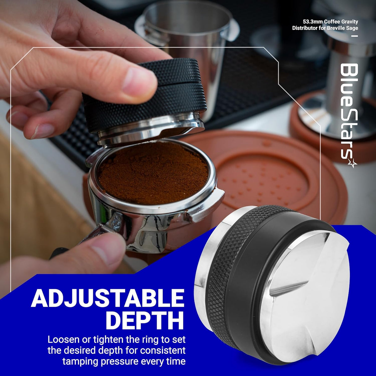 53.3mm dual head coffee distributor and tamper leveling coffee grounds in a 54mm Breville portafilter.