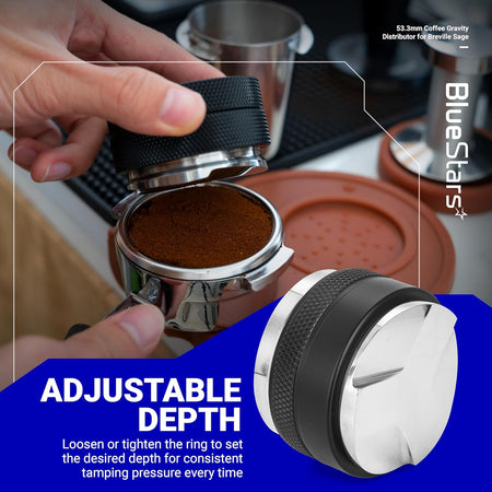 53.3mm dual head coffee distributor and tamper leveling coffee grounds in a 54mm Breville portafilter.