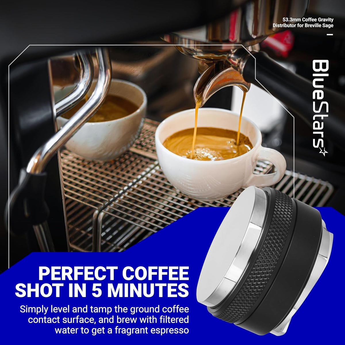 53.3mm stainless steel dual head coffee distributor and tamper for 54mm Breville portafilters.