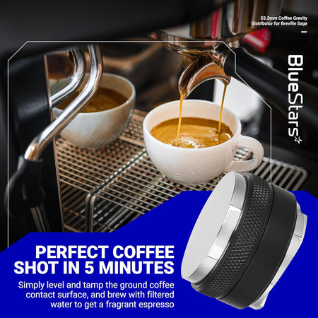 53.3mm stainless steel dual head coffee distributor and tamper for 54mm Breville portafilters.