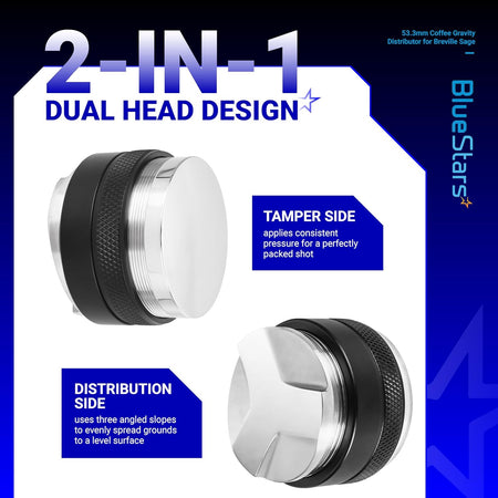 Infographic showing 53.3mm dual-head coffee distributor and tamper for Breville portafilters with side-by-side views.