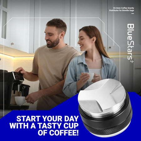 53.3mm stainless steel coffee gravity distributor and tamper for 54mm Breville portafilters shown in lifestyle graphic.