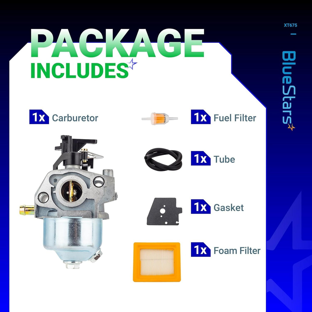 XT675 carburetor kit components including carburetor, fuel filter, fuel tube, gasket, and foam air filter for lawn mowers.