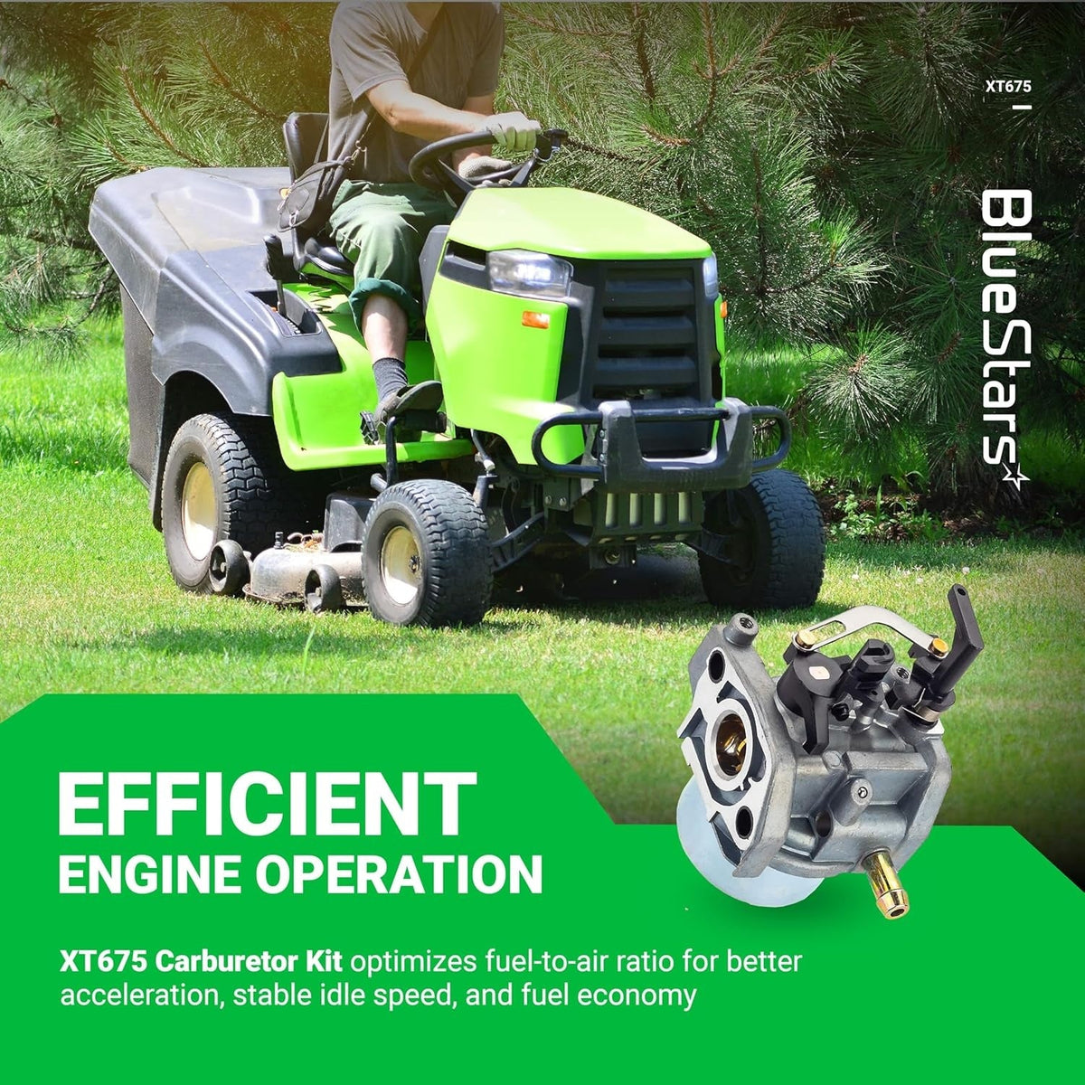 XT675 carburetor replacement for Kohler lawn mower engines shown with a riding mower background.