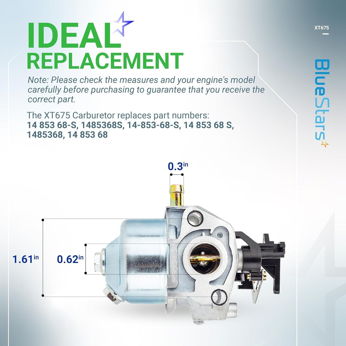 XT675 carburetor replacement for Kohler engines with dimensional measurement diagram.