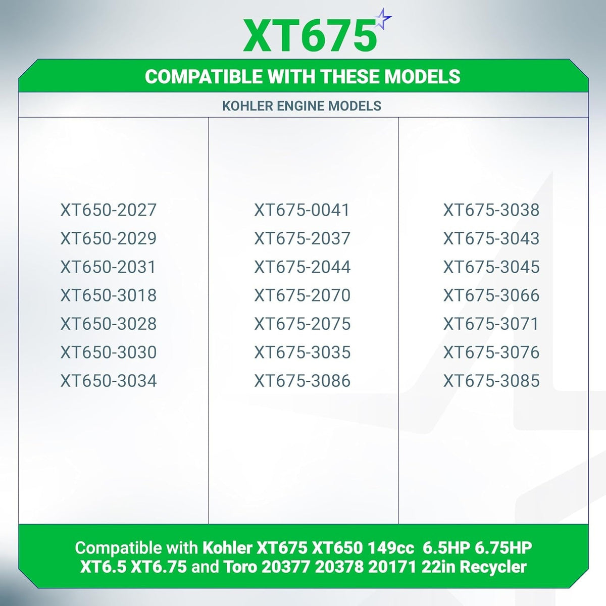 Compatibility chart for Kohler XT675 and XT650 series lawn mower engines.