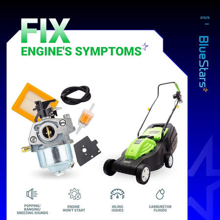 XT675 carburetor kit with air filter and fuel line for Kohler lawn mower engine repair and troubleshooting.
