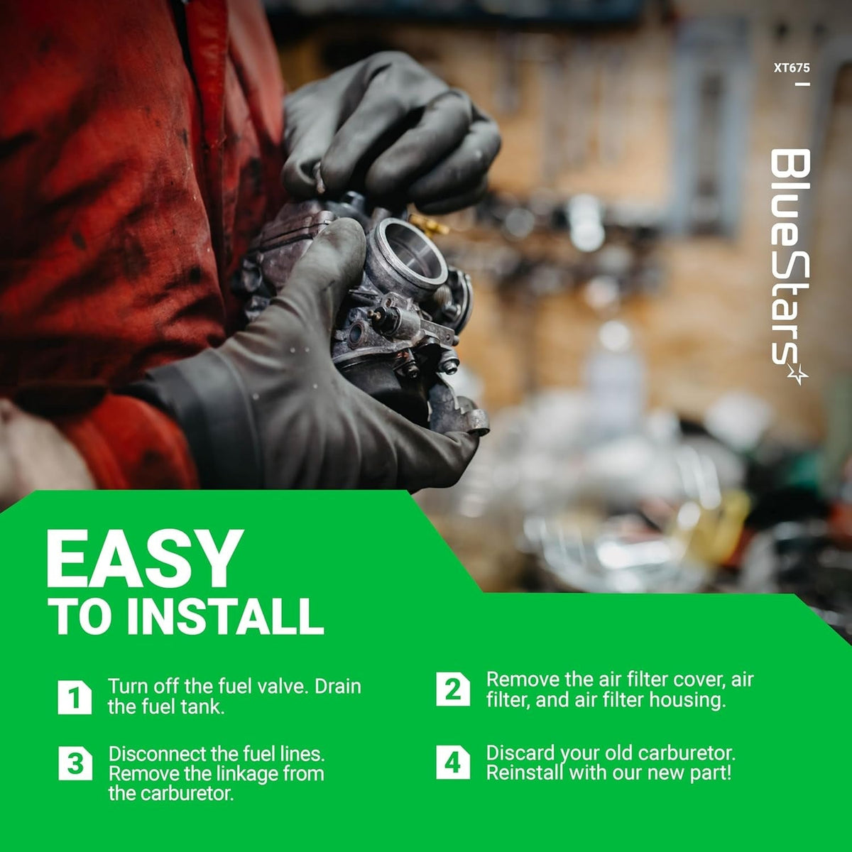 Instructional graphic showing a mechanic installing an XT675 carburetor for Kohler lawn mower engines.