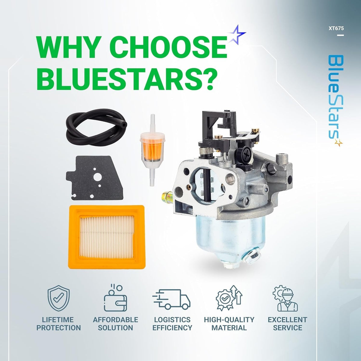 XT675 carburetor kit including carburetor, air filter, fuel filter, and gasket for Kohler lawn mower engines.