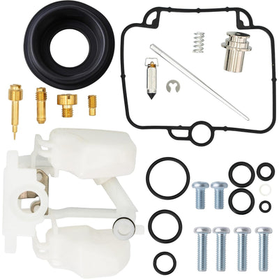Carburetor rebuild kit components for Polaris Sportsman 500 including float, jets, gaskets, and screws.