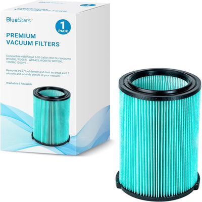 VF6000 5-layer HEPA replacement filter for Ridgid wet dry vacuums shown with its retail packaging box.