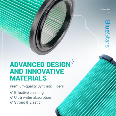 VF6000 5-layer HEPA replacement filter for Ridgid wet dry vacuums, showing synthetic fiber material and design features.