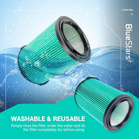 Two VF6000 5-layer HEPA replacement filters for Ridgid wet dry vacuums shown as washable and reusable.