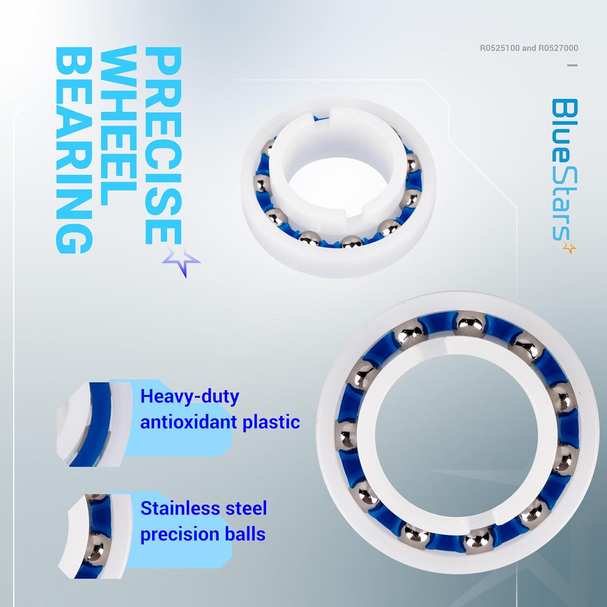 R0527000 engine wheel bearing for Zodiac MX8 and MX6 pool cleaners with stainless steel balls and plastic housing.