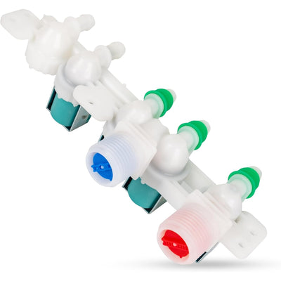 DC97-15459H water inlet valve assembly for Samsung washing machines with blue and red threaded hose connections.