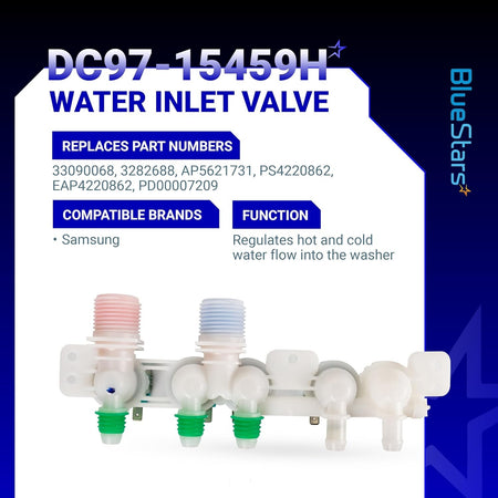 DC97-15459H water inlet valve for Samsung washers with hot and cold water flow regulation.