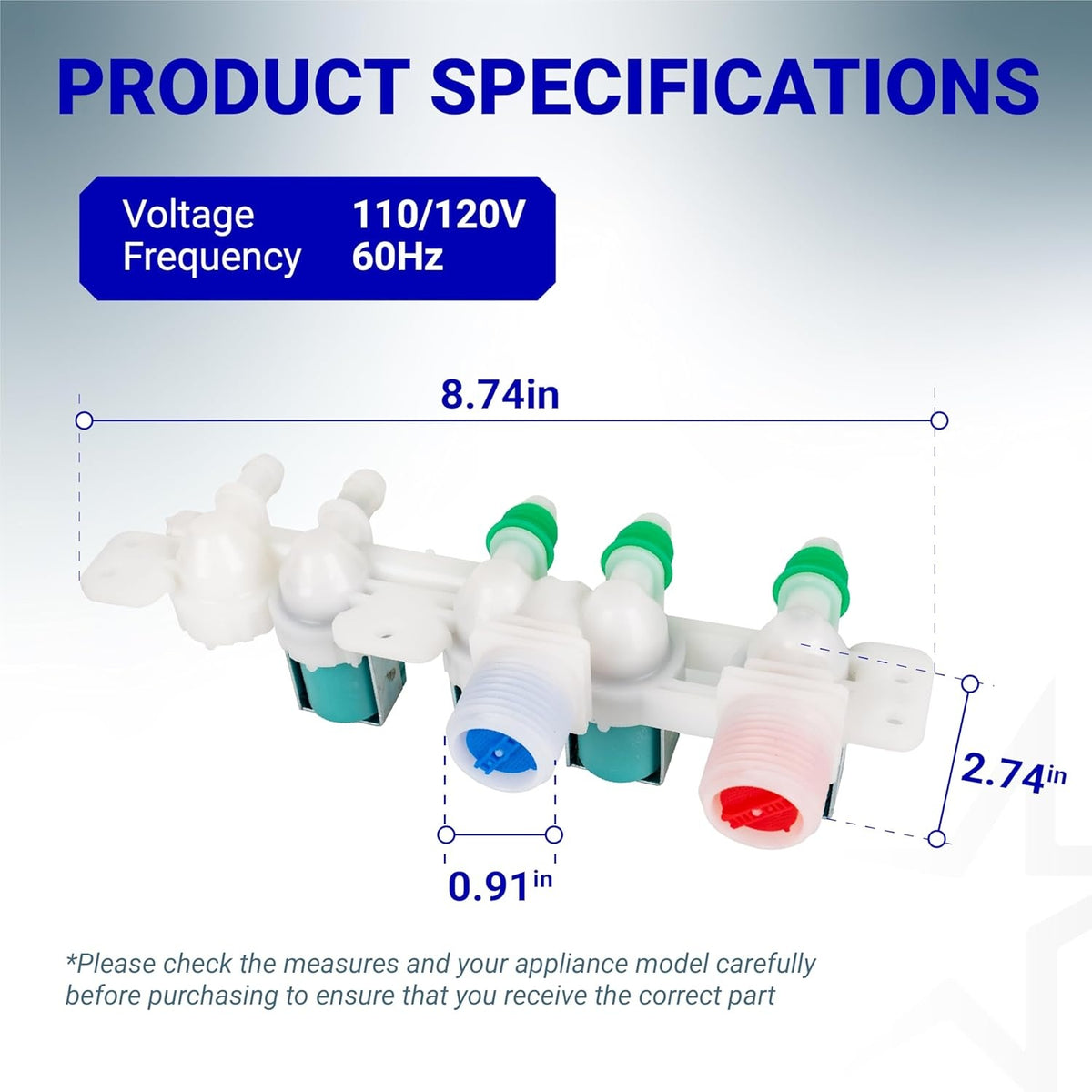 DC97-15459H water inlet valve for Samsung washers with dimension specifications and voltage details.