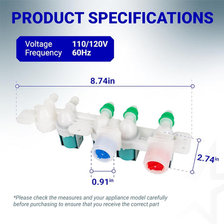 DC97-15459H water inlet valve for Samsung washers with dimension specifications and voltage details.