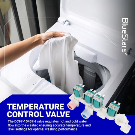 DC97-15459H water inlet valve for Samsung washing machines shown with temperature control function graphic.
