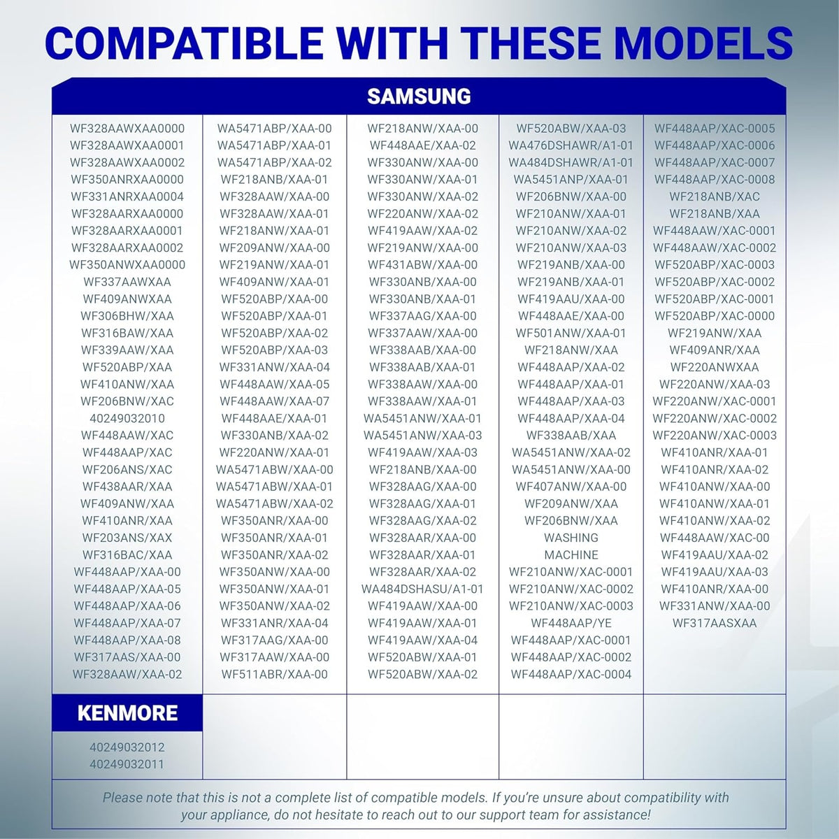 Compatibility chart listing Samsung and Kenmore washer models for DC97-15459H water inlet valve.