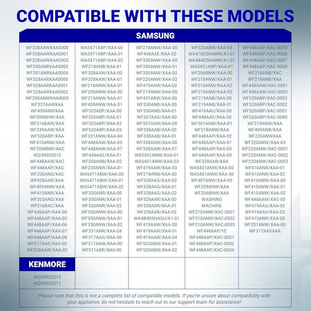Compatibility chart listing Samsung and Kenmore washer models for DC97-15459H water inlet valve.