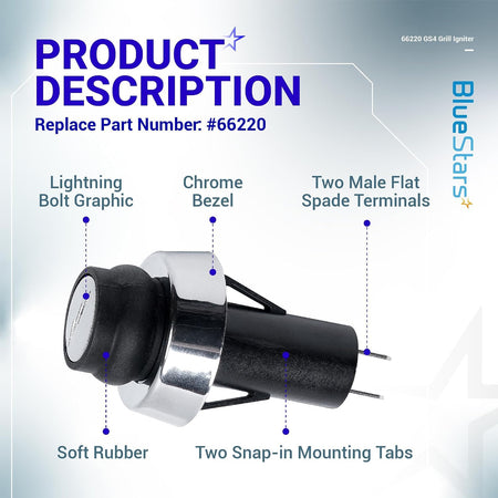 66220 Igniter Switch, labeled product diagram with chrome bezel, soft rubber, two flat spade terminals and snap-in tabs