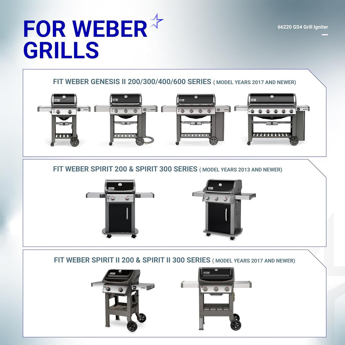 66220 Igniter Switch for Weber, compatibility chart showing Genesis II, Spirit and Spirit II grill models