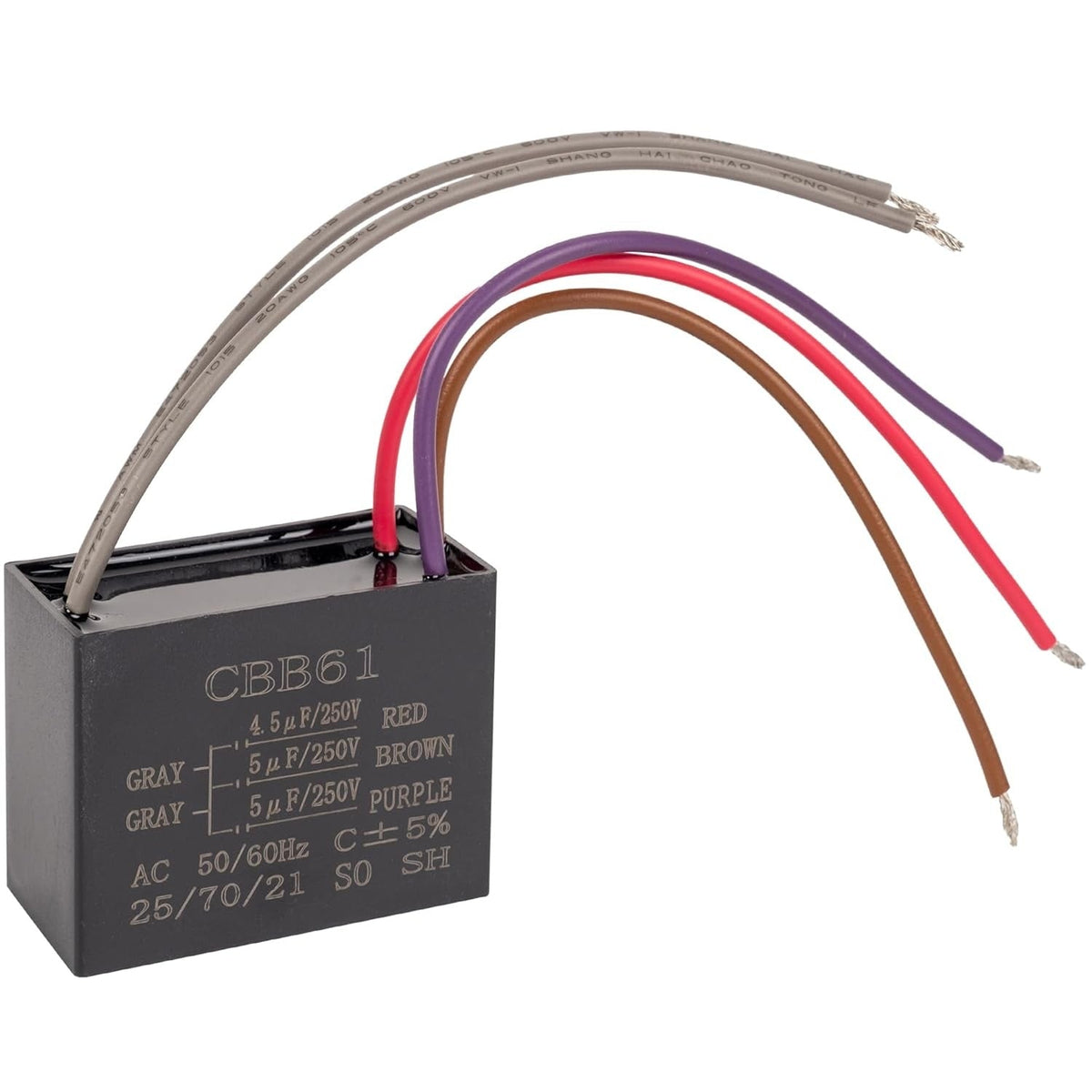 CBB61 4.5uf+5uf+5uf 5-wire ceiling fan capacitor with colored lead wires.