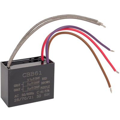 CBB61 4.5uf+5uf+5uf 5-wire ceiling fan capacitor with colored lead wires.