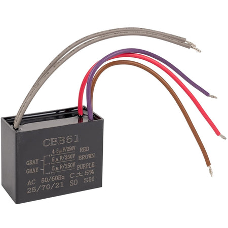 CBB61 4.5uf+5uf+5uf 5-wire ceiling fan capacitor with colored lead wires.