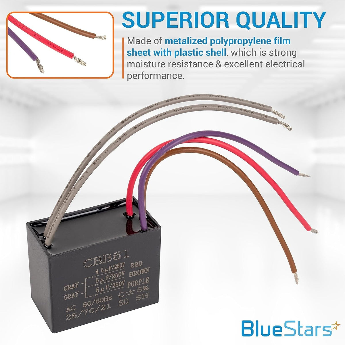 CBB61 5-wire ceiling fan capacitor with 4.5uf+5uf+5uf rating and metalized polypropylene film construction.