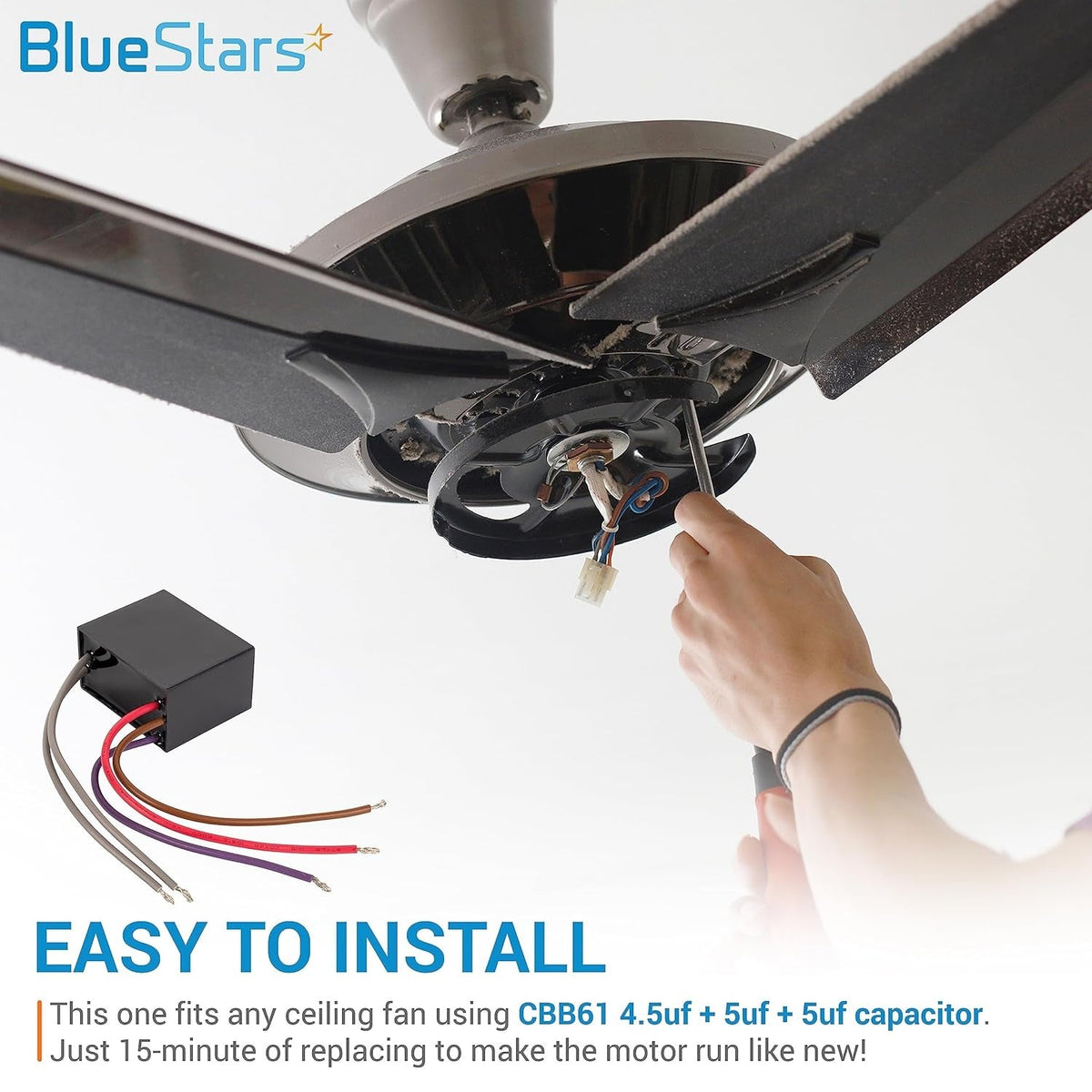 Person installing a CBB61 4.5uf+5uf+5uf 5-wire ceiling fan capacitor into a fan motor housing.