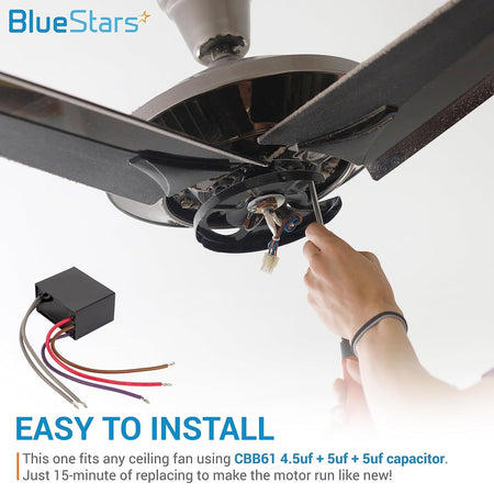 Person installing a CBB61 4.5uf+5uf+5uf 5-wire ceiling fan capacitor into a fan motor housing.
