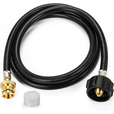 6ft black propane gas hose adapter with brass fittings and protective cap.