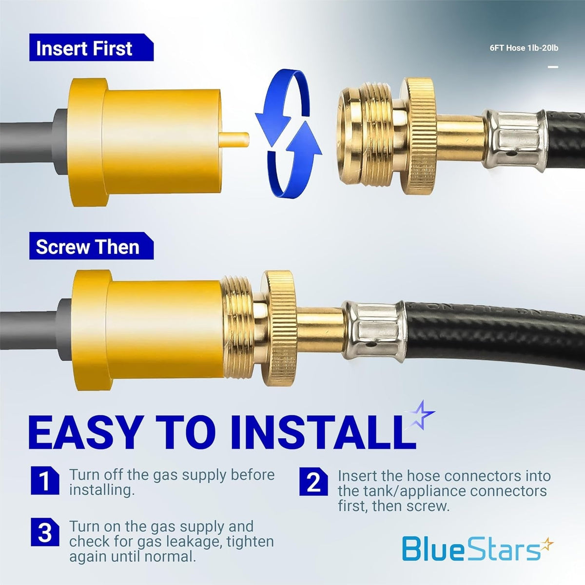 Installation diagram for 6ft propane hose adapter showing connection steps for 1lb to 20lb gas tanks.