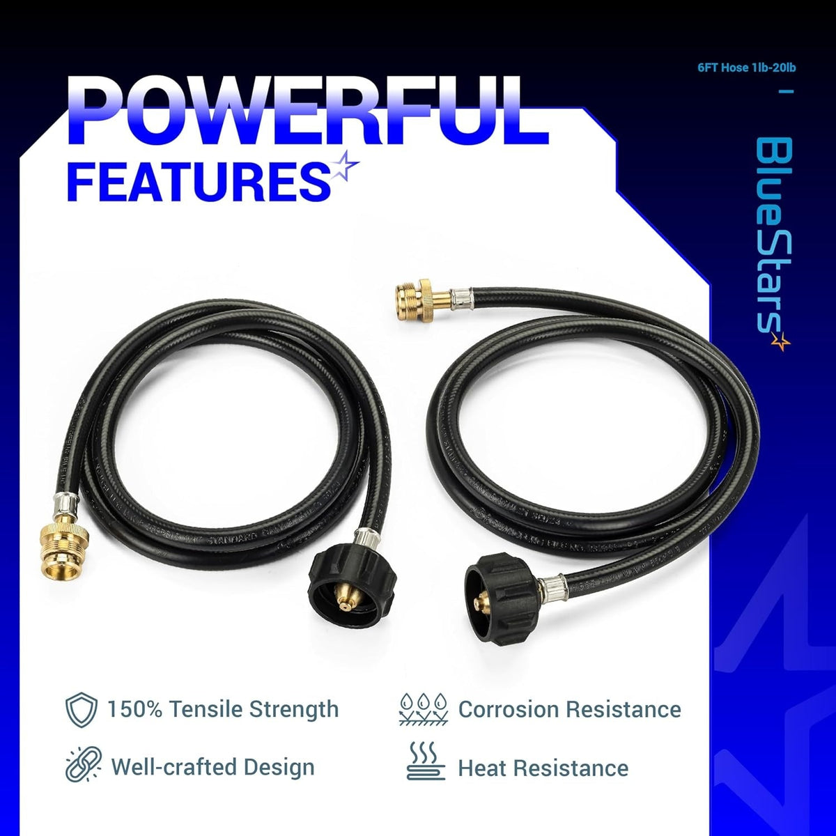 Two 6ft propane hose adapters for connecting 1lb to 20lb tanks with brass fittings and black gas hoses.