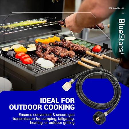 6ft propane hose adapter for 1lb to 20lb tanks shown with outdoor grill cooking scene.