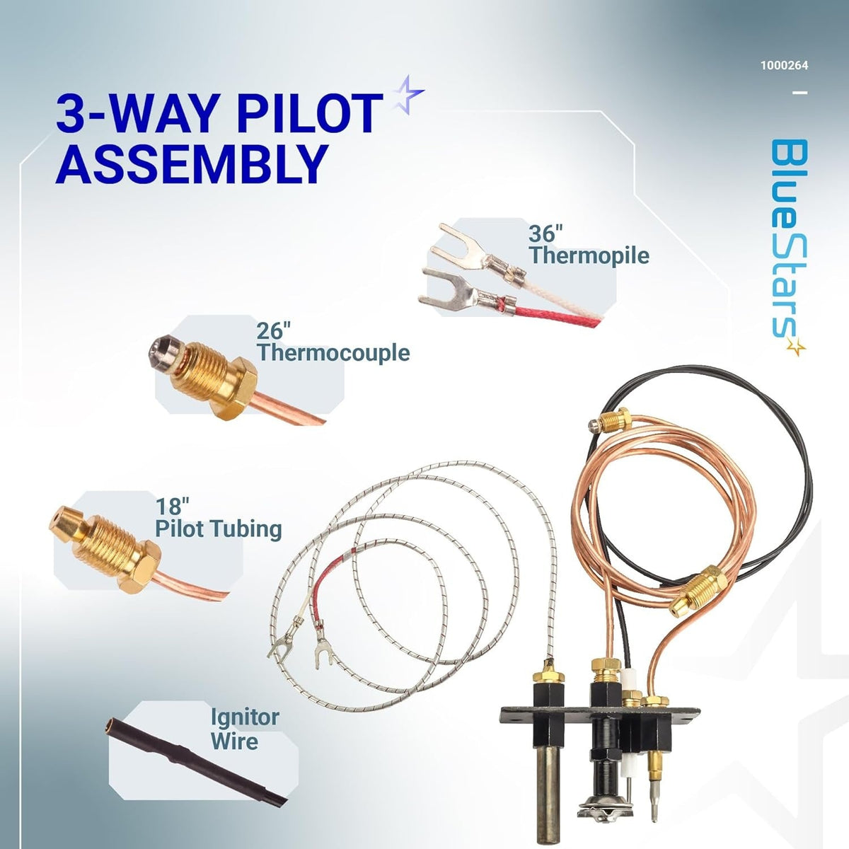 10002264 3-way pilot assembly kit with labeled thermocouple, thermopile, pilot tubing, and ignitor wire components.