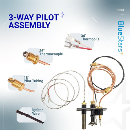 10002264 3-way pilot assembly kit with labeled thermocouple, thermopile, pilot tubing, and ignitor wire components.