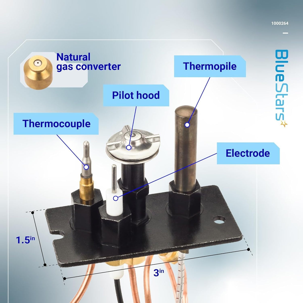 10002264 3-way pilot assembly kit with labeled components including thermopile, thermocouple, electrode, and pilot hood.