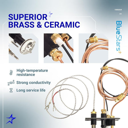 Infographic showing 10002264 3-way pilot assembly kit features, brass and ceramic components, and fireplace compatibility.