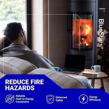 Lifestyle image for 10002264 3-Way Pilot Assembly Kit showing a cozy fireplace with safety and efficiency icons.