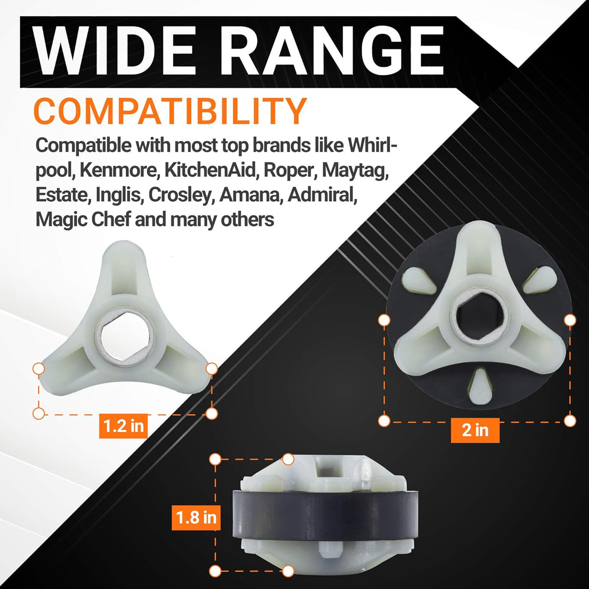 285753A washer motor coupling showing dimensions and compatibility for Whirlpool and Kenmore washing machines.